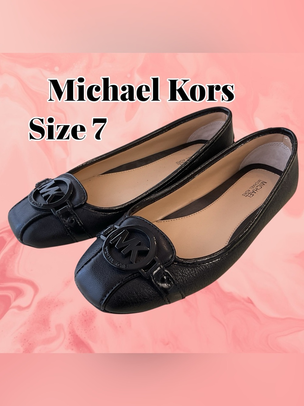 Michael Kors Black Leather MK Logo Ballet Flats, NEW!